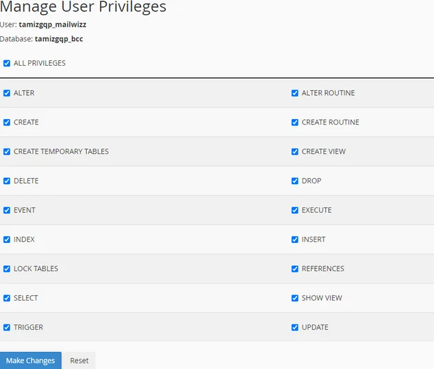 how to allow all privileges on cpanel